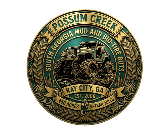 Detailed brass and teal metallic circular badge logo for Possum Creek Off-Road Park in Ray City, GA, showing a rugged Jeep in mud with text South Georgia Mud and Big-Tire Ruts, EST. 2006, and 450 Acres data.