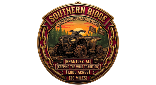 Emblem of an ATV splashing through mud at sunset with pine trees, two 'Mud Mafia' flags, rope-and-chain border; text: Southern Ridge, Alabama Mud Mafia Circuit, Brantley AL, Keeping the Wild Tradition, 1,000 acres, 30 miles.