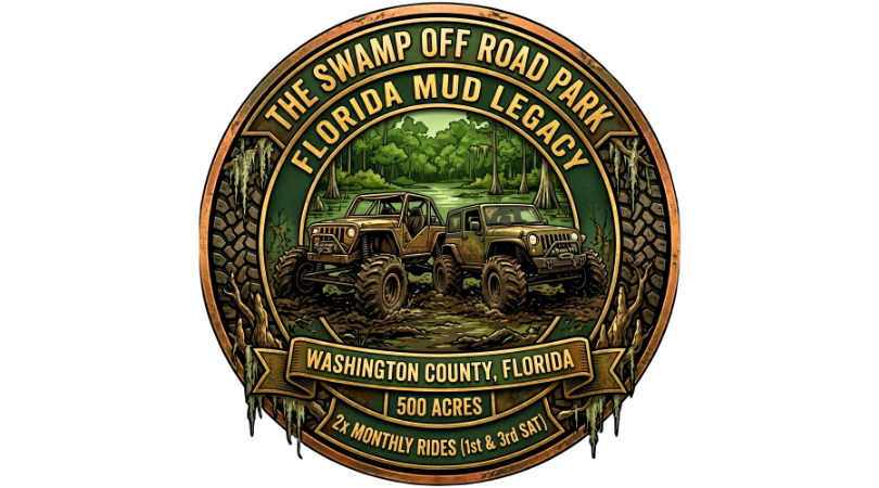 Circular off‑road park emblem with two mud trucks driving through a swamp, surrounded by trees and tire‑tread borders, featuring text about The Swamp Off Road Park, Florida Mud Legacy, and ride schedule details.