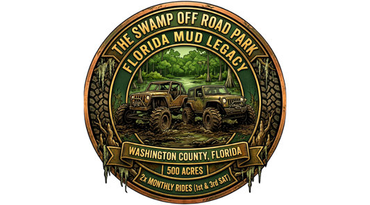 Circular off‑road park emblem with two mud trucks driving through a swamp, surrounded by trees and tire‑tread borders, featuring text about The Swamp Off Road Park, Florida Mud Legacy, and ride schedule details.