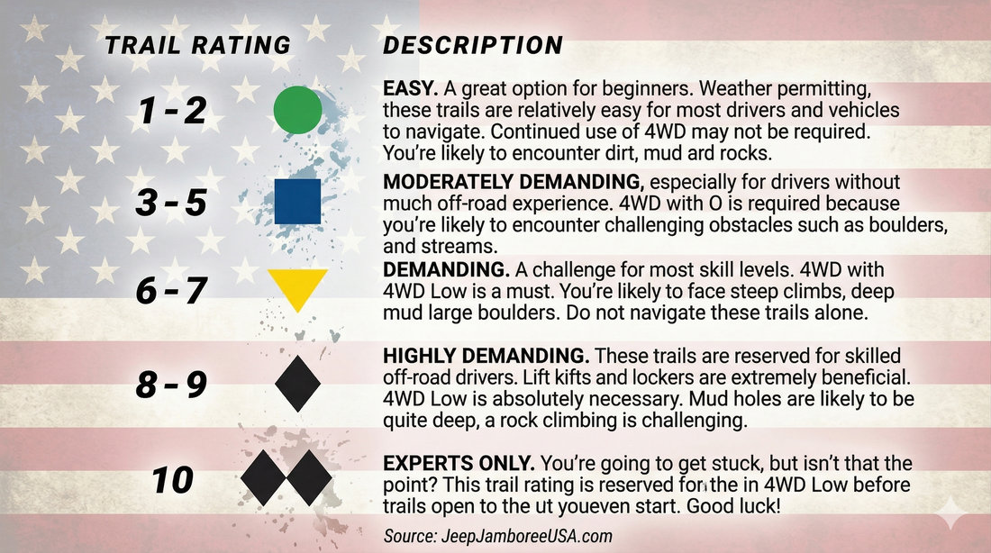 Off-road Trail Rating Guide by JeepJamboreeUSA.com. A 1-10 scale infographic detailing trail difficulty for 4WD vehicles.