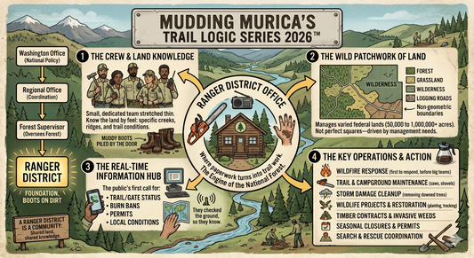 Infographic showing how a U.S. Forest Service Ranger District operates, with visuals of ranger crews, land types, real‑time trail info, and key field operations.