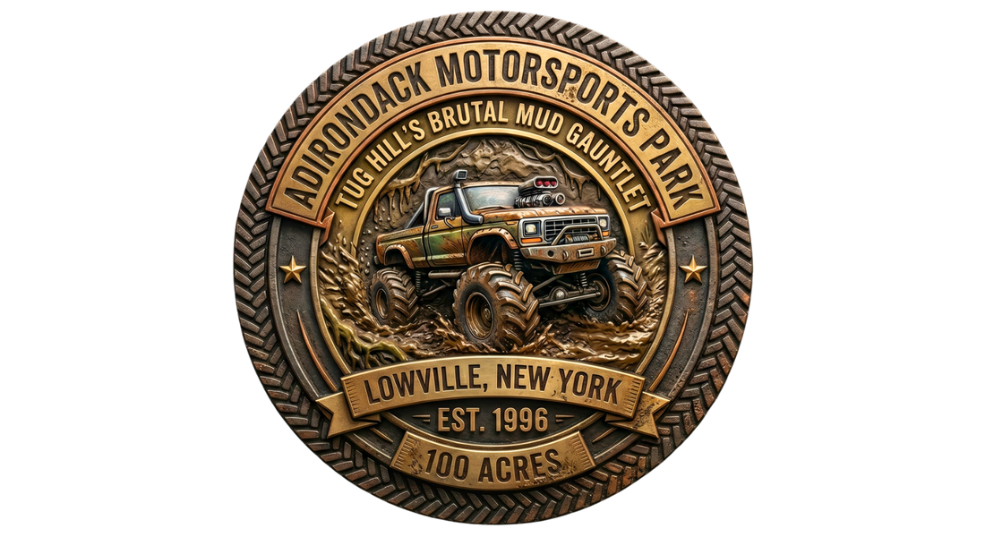 A detailed 3D metallic medallion logo for Adirondack Motorsports Park in Lowville, New York, featuring a lifted monster truck in deep mud, a tire tread border, and text reading "Tug Hill's Brutal Mud Gauntlet, Est. 1996."
