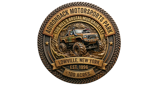 A detailed 3D metallic medallion logo for Adirondack Motorsports Park in Lowville, New York, featuring a lifted monster truck in deep mud, a tire tread border, and text reading "Tug Hill's Brutal Mud Gauntlet, Est. 1996."