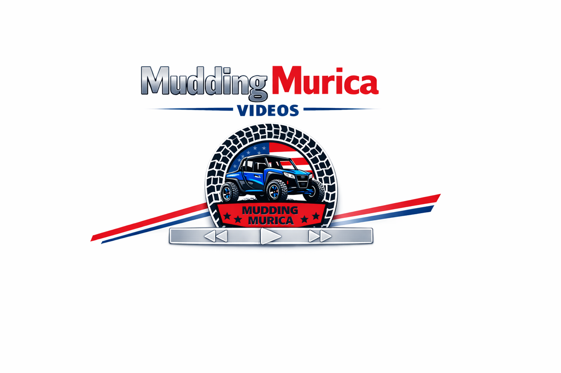 “Blue off‑road side‑by‑side vehicle with roll cage and American flag background inside circular tire‑tread logo for Mudding Murica Videos.”