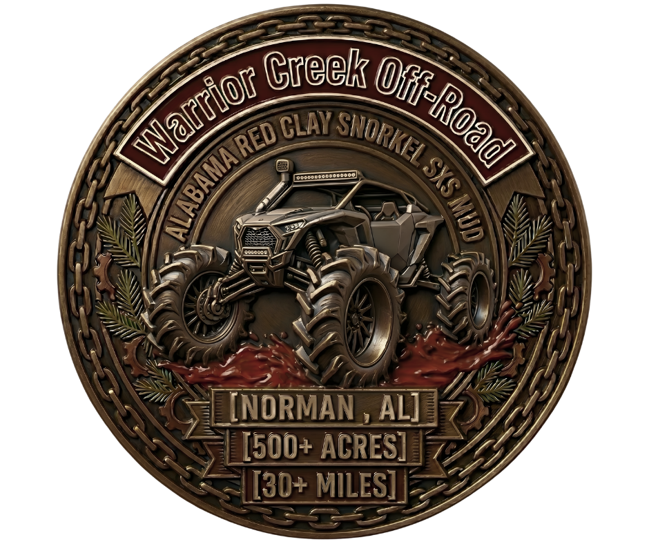Official seal for Warrior Creek Off-Road in Warrior, AL. Brushed brass badge featuring a custom lifted SxS on 50-inch mud tires slinging Alabama red clay. Specs: 500+ acres, 30+ trail miles, Party in the Pines home base.