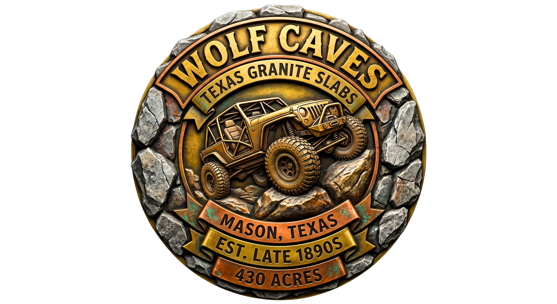 A detailed 3D circular emblem for Wolf Caves off-road park in Mason, Texas. Features a Jeep rock crawler buggy traversing rugged granite slabs, surrounded by a stone border. Text includes: EST. LATE 1890s, 430 ACRES.
