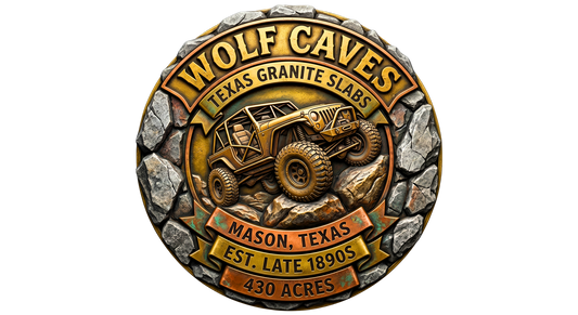 A detailed 3D circular emblem for Wolf Caves off-road park in Mason, Texas. Features a Jeep rock crawler buggy traversing rugged granite slabs, surrounded by a stone border. Text includes: EST. LATE 1890s, 430 ACRES.