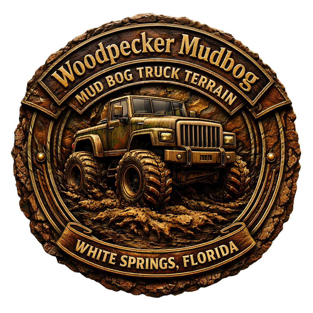 3D‑etched circular badge for Woodpecker Mudbog featuring a lifted mud‑truck in deep clay terrain, aged gold banners reading “Mud Bog Truck Terrain” and “White Springs, Florida,” with rugged cracked‑mud border and metallic relief.
