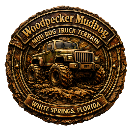 3D‑etched circular badge for Woodpecker Mudbog featuring a lifted mud‑truck in deep clay terrain, aged gold banners reading “Mud Bog Truck Terrain” and “White Springs, Florida,” with rugged cracked‑mud border and metallic relief.