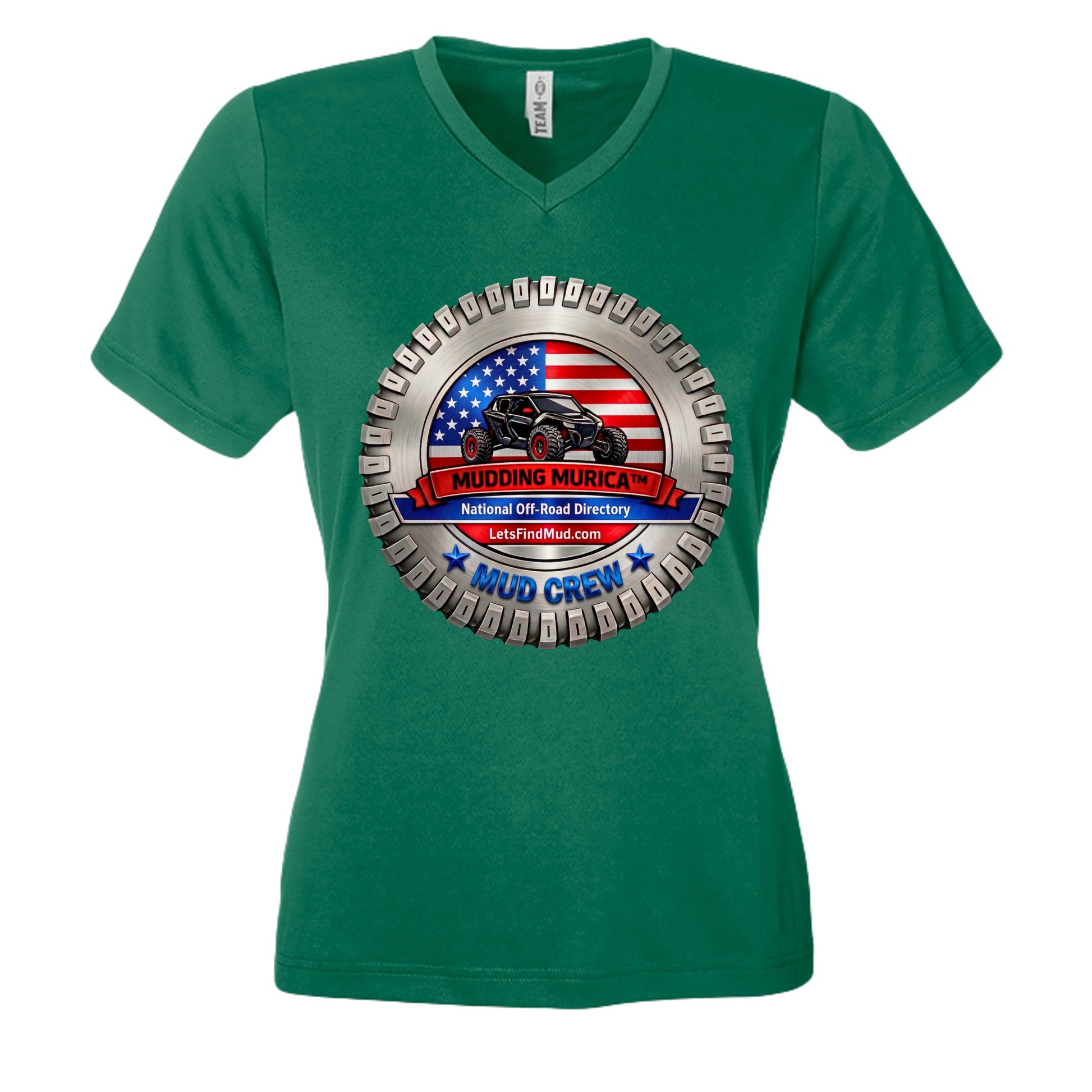 A forest green women's v-neck t-shirt. The front features a circular graphic with a tire tread border, an American flag background, and a black side-by-side UTV. Text on the graphic reads "Mudding Murica," "National Off-Road Directory," "LetsFindMud.com," and "Mud Crew."