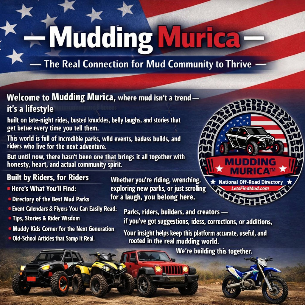 Promotional graphic for 'Mudding Murica' with American flag background and off-road vehicles.

