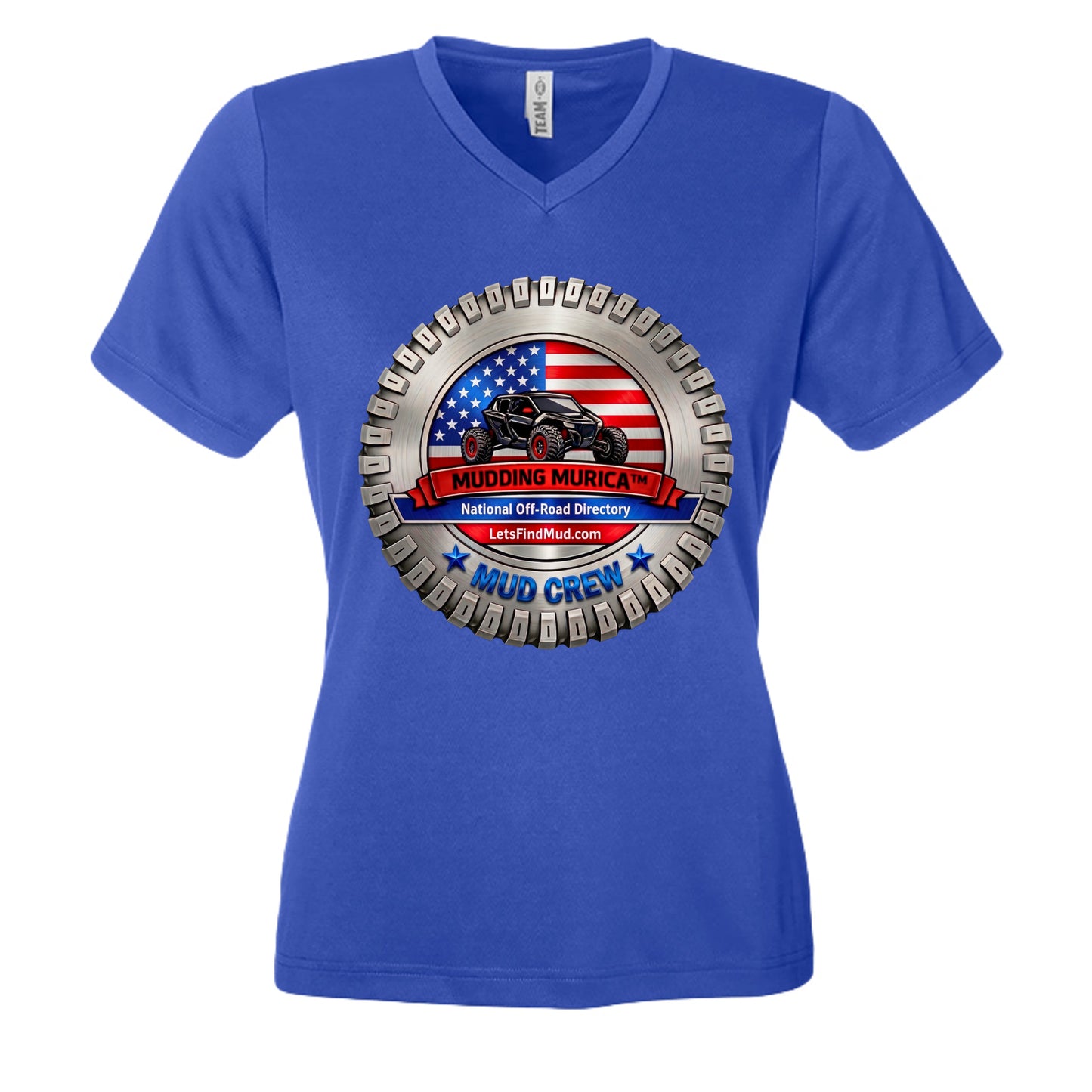 A royal blue women's v-neck t-shirt. The front features a circular graphic with a tire tread border, an American flag background, and a black side-by-side UTV. Text on the graphic reads "Mudding Murica," "National Off-Road Directory," "LetsFindMud.com," and "Mud Crew."