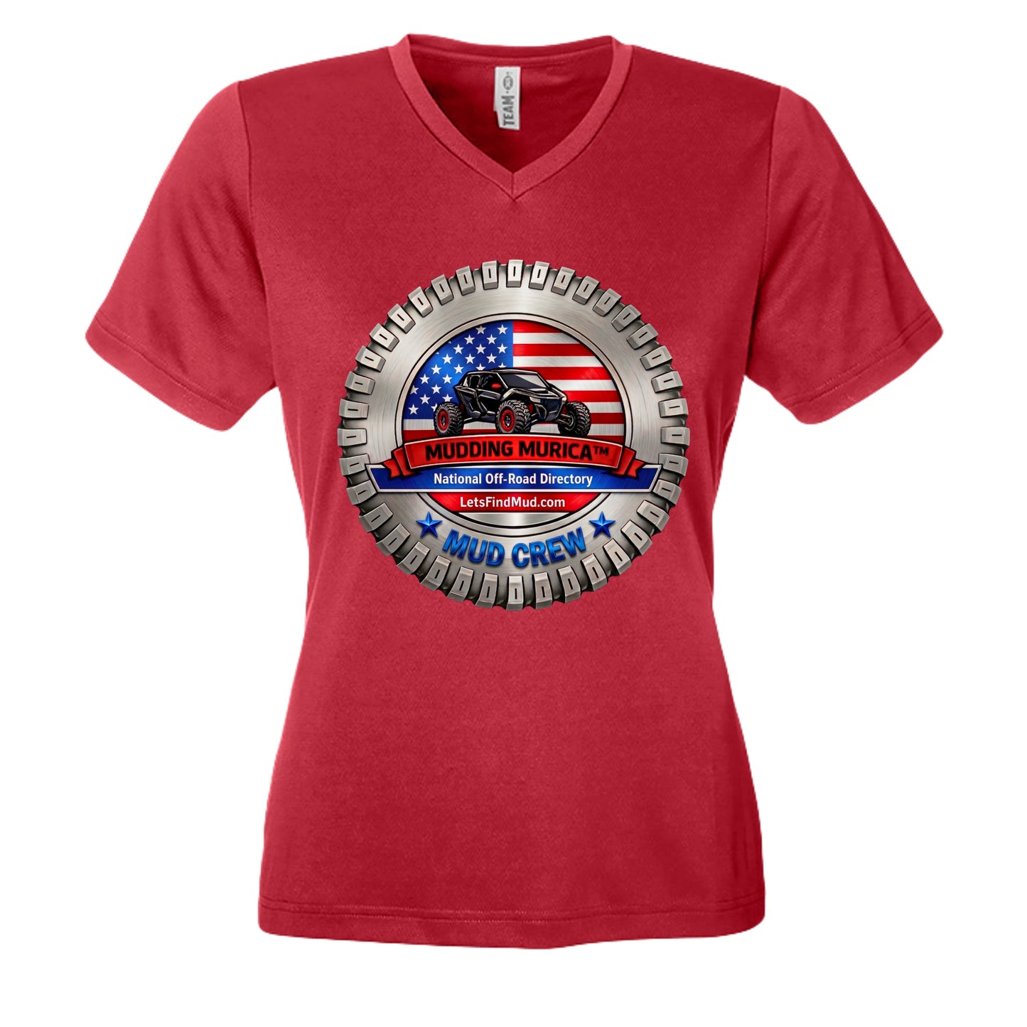 A red women's v-neck t-shirt. The front features a circular graphic with a tire tread border, an American flag background, and a black side-by-side UTV. Text on the graphic reads "Mudding Murica," "National Off-Road Directory," "LetsFindMud.com," and "Mud Crew."
