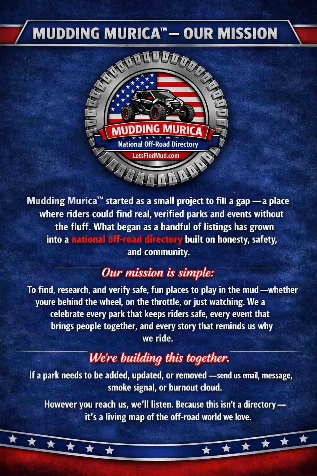 Patriotic Mudding Murica™ mission poster with tire seal, off‑road vehicle, and red‑white‑blue background
