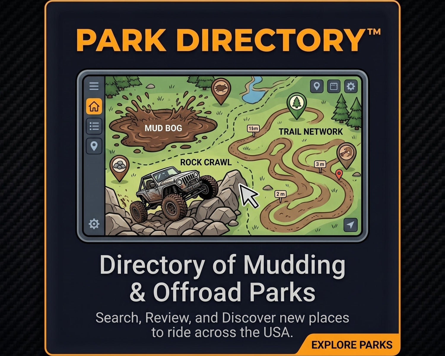 Promotional graphic for a 'Park Directory' app or digital guide, featuring a cartoon-style off-road map on a dark screen mockup with text reading 'Directory of Mudding & Offroad Parks' and 'Explore Parks' on a dark textured background.