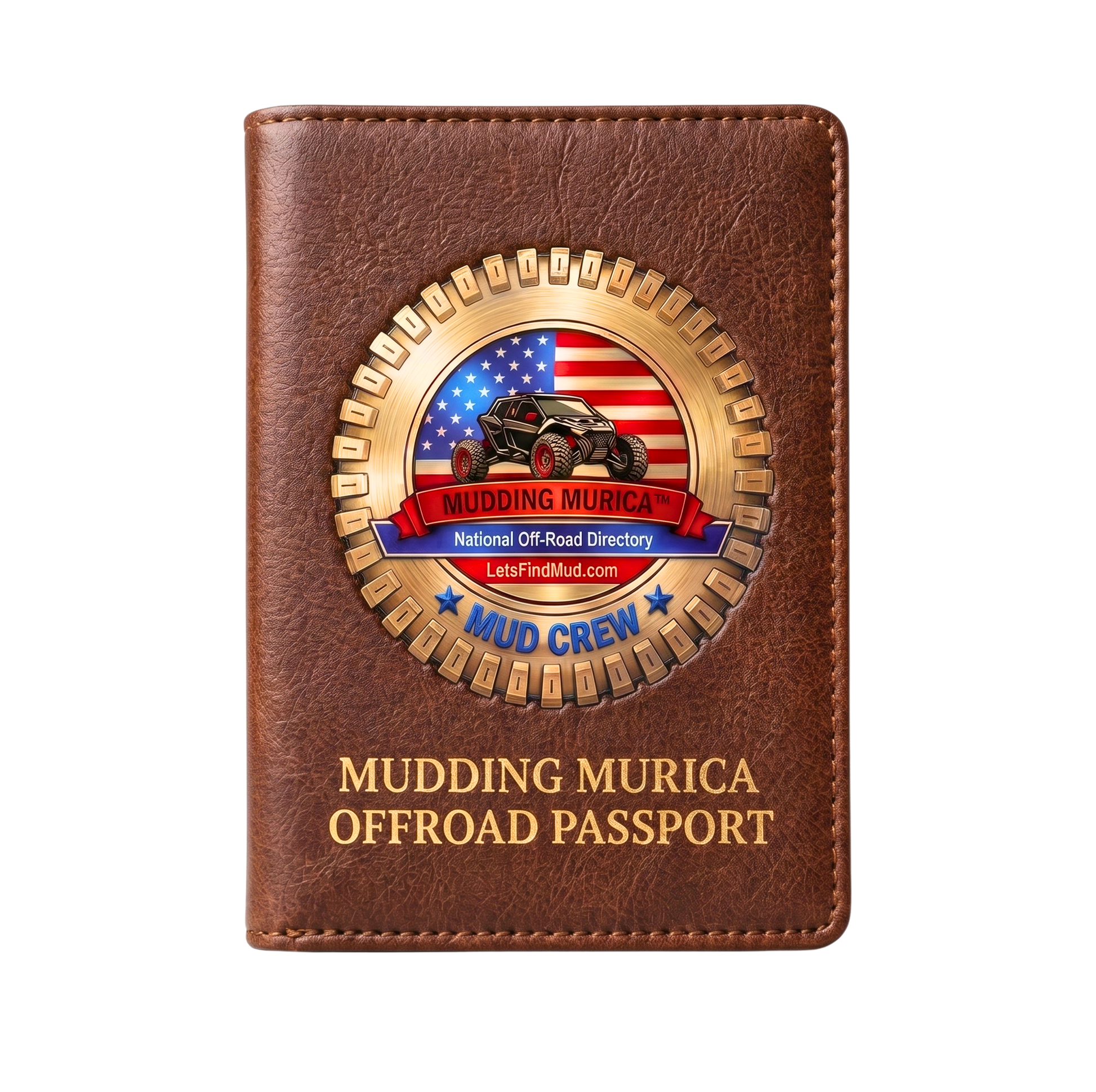 "Front view of the brown leather Mudding Murica Offroad Passport book standing straight, featuring the circular Mud Crew National Off-Road Directory emblem logo and gold embossed title text."